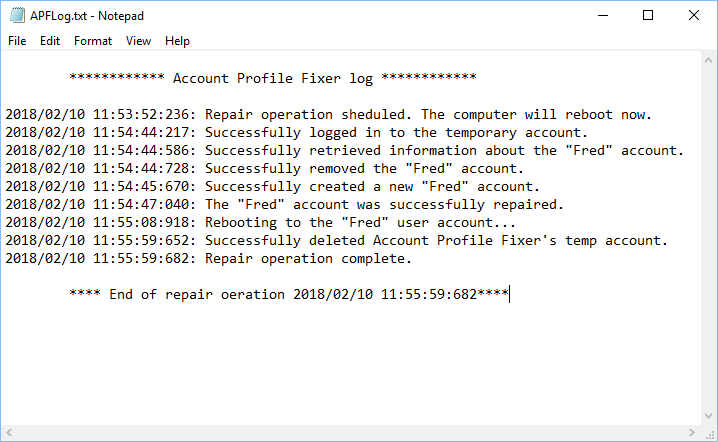 Account Profile Fixer log