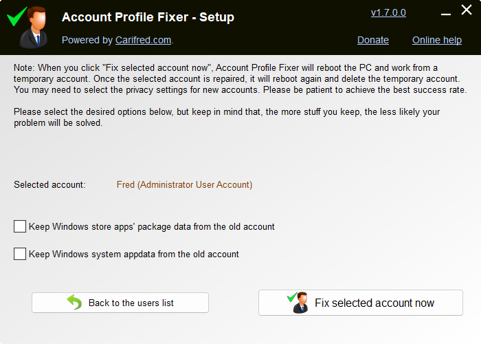 Account Profile Fixer - Setup confirmation