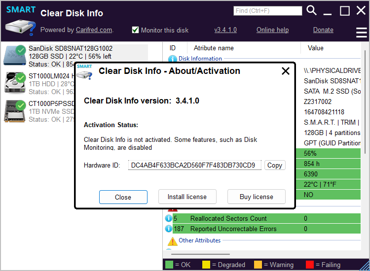 Clear Disk Info About/Activation dialog box