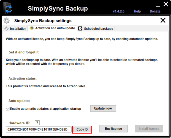 Get SimplySync Backup hardware ID