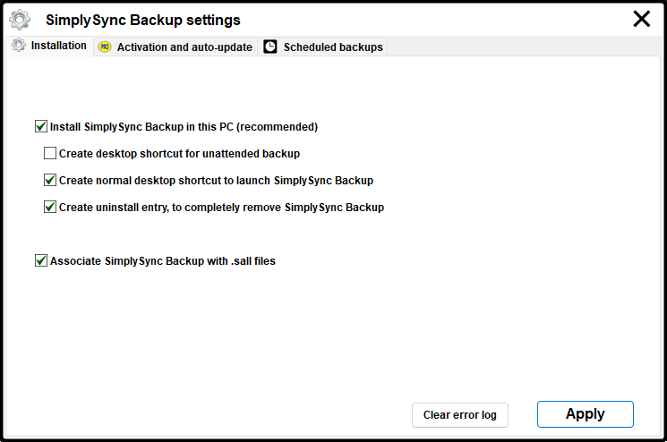 SimplySync Backup settings
