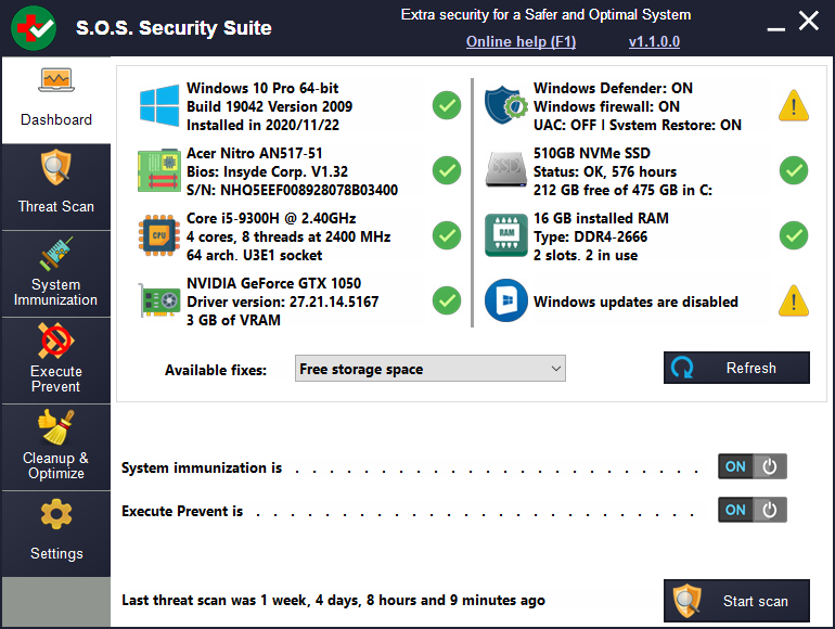 S.O.S. Security Suite - Dashboard