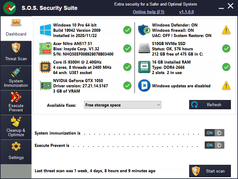 S.O.S. Security Suite - application tabs