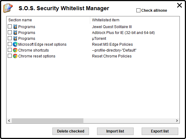 S.O.S. Security Suite's whitelist manager