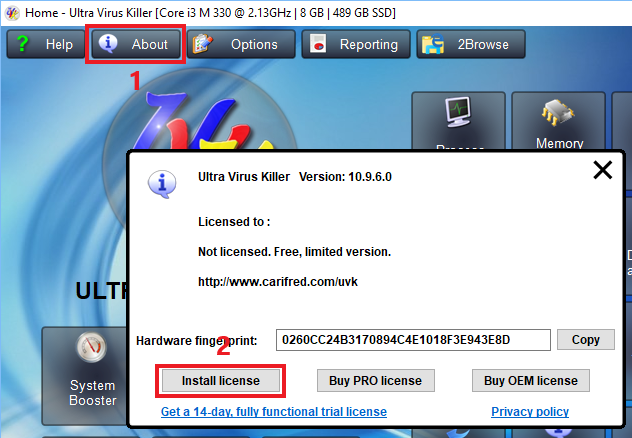 Install UVK license from the About dialog box