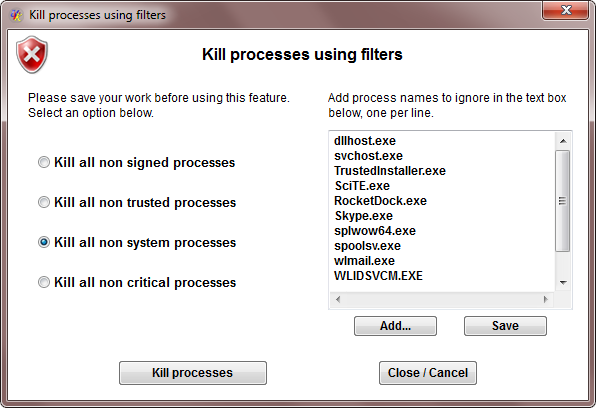 Kill all processes dialog box