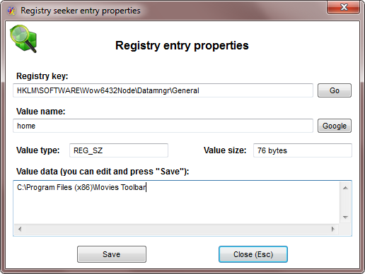 Registry seeker entry properties