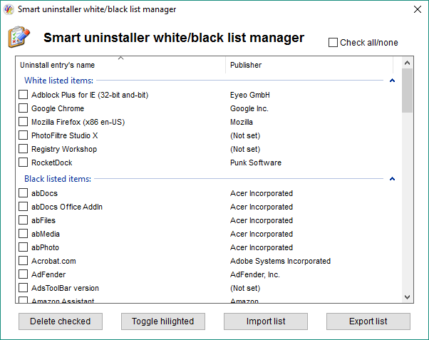 Smart uninstaller white/black list manager