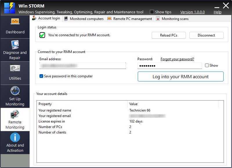 Remote monitoring tab