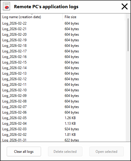 Remote PC application logs list